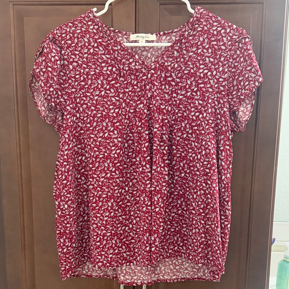 Maroon Floral Short-Sleeve V-Neck Blouse